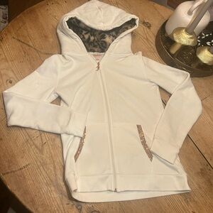 Juicy Couture Y2K White Hooded Zip-Up Jacket with Leopard Lined Hood